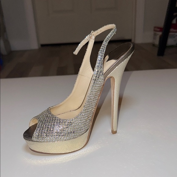 Jimmy Choo Glitter Fabric Champagne Peep Toe Sling Back Heel Size 37 Authentic - Picture 6 of 16